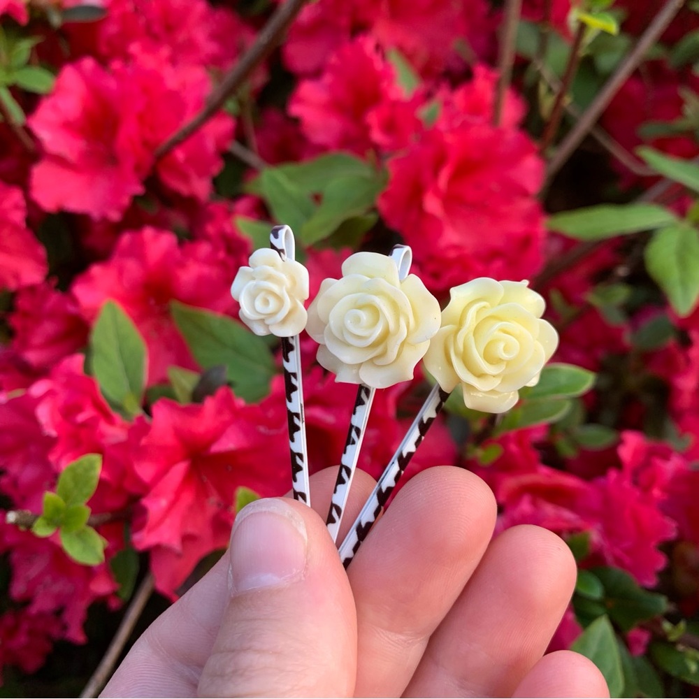 Hand Crafted Yellow Rose on Black & White Houndstooth Bobby Pins